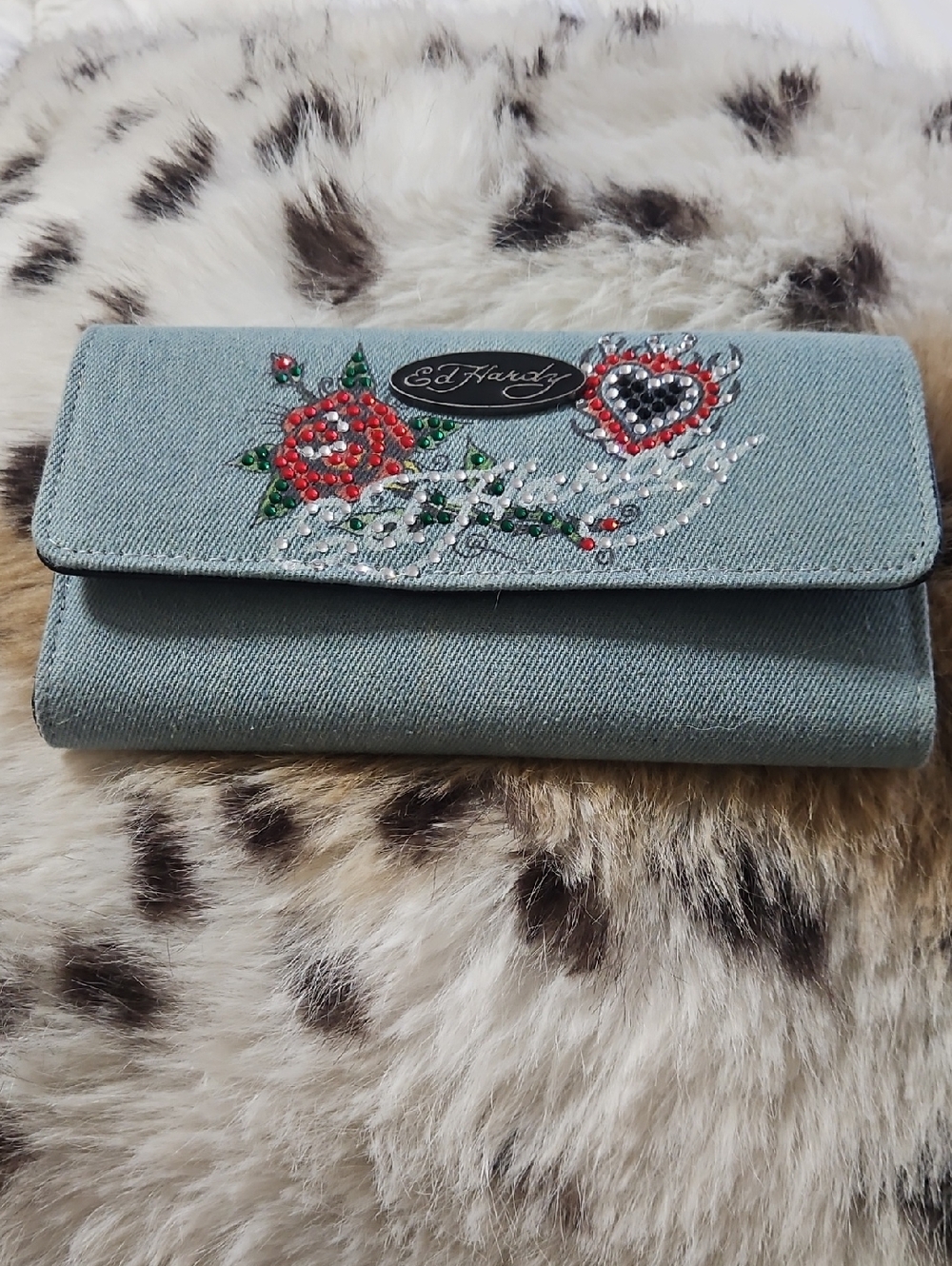 Ed Hardy Light Blue Denim Wallet with Red and Green Embellishments
